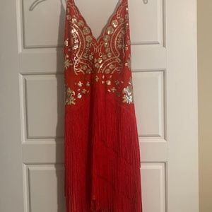 Red and gold fringe dress